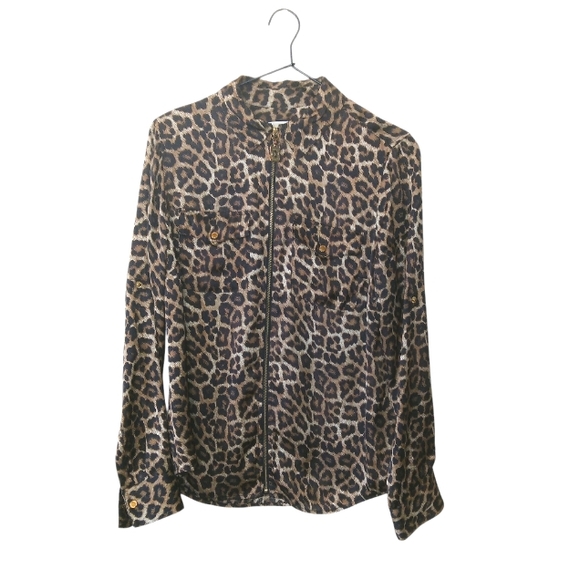 MICHAEL KORS 3/4 Long Sleeve Animal Leopard Print Full Zip Blouse Womens Top XS - Picture 2 of 13